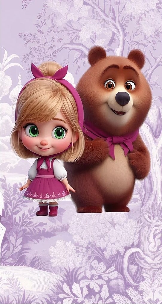 Masha E Urso 3D Floresta Lilas E Fundo Rosa Pink Painel Retangular 220X150Cm - FOCUSEVENTOSJATAI