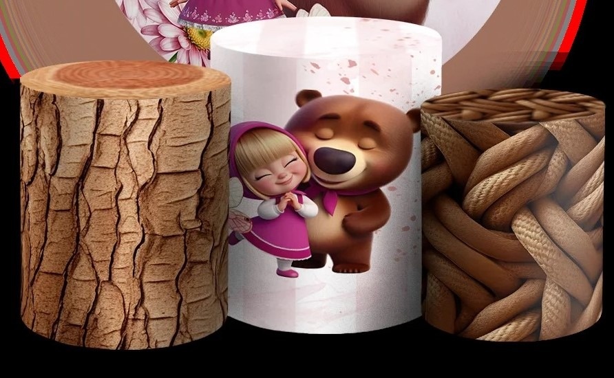 Masha E Urso 3D Flores Rosa Cilindro Redondo Pmg - FOCUSEVENTOSJATAI