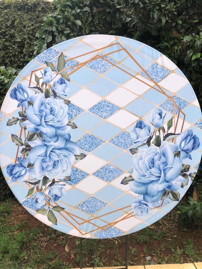 Floral Rosas Azul Glitter Painel Redondo  150Cm - FOCUSEVENTOSJATAI