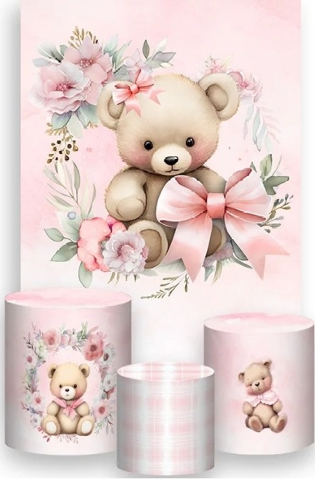 Cha Revelação Ursinho Laço Rosa Candy Painel Retangular 220X150Cm - FOCUSEVENTOSJATAI