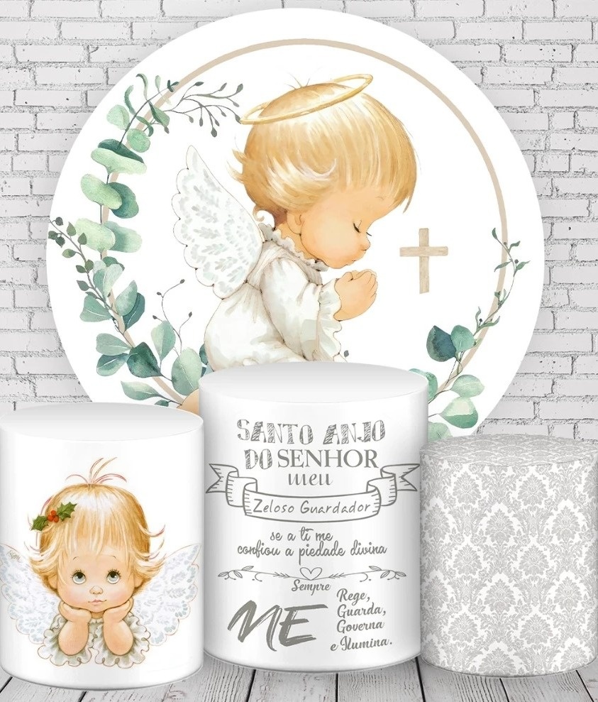 Batizado Floral Verde Santo Anjo Painel Redondo 150Cm - FOCUSEVENTOSJATAI