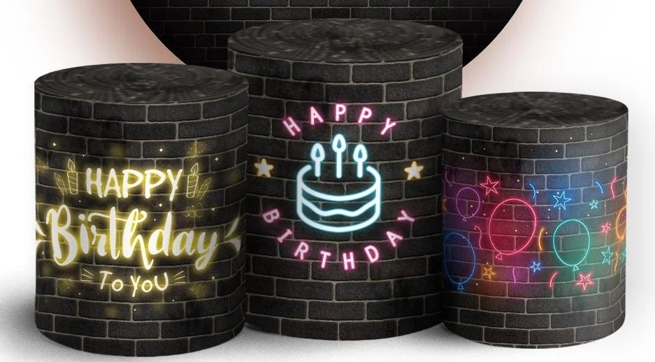 Happy Birthaday Parede Tijolo Preto Cilindro Redondo Pmg - FOCUSEVENTOSJATAI