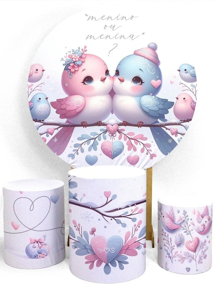 Chá Revelação Passarinhos Azul E Rosa Painel Redondo 150Cm - FOCUSEVENTOSJATAI