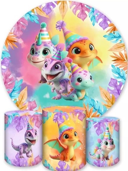 Dinossauros Baby 3D Cute Folhagem Coloridas Painel Redondo 150Cm - FOCUSEVENTOSJATAI