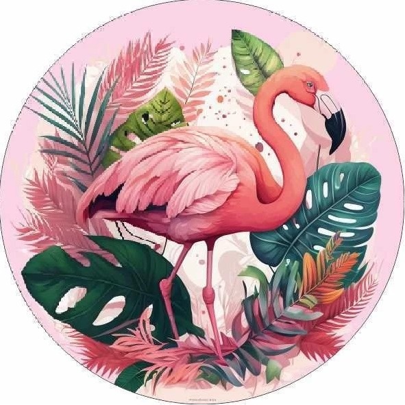 Flamingo 3D Rosa Folhagem Verde E Rosa Painel Redondo 150Cm - FOCUSEVENTOSJATAI