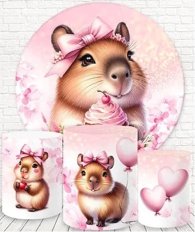 Capivara Rosa 3D Laço Rosa Painel Redondo 150Cm - FOCUSEVENTOSJATAI