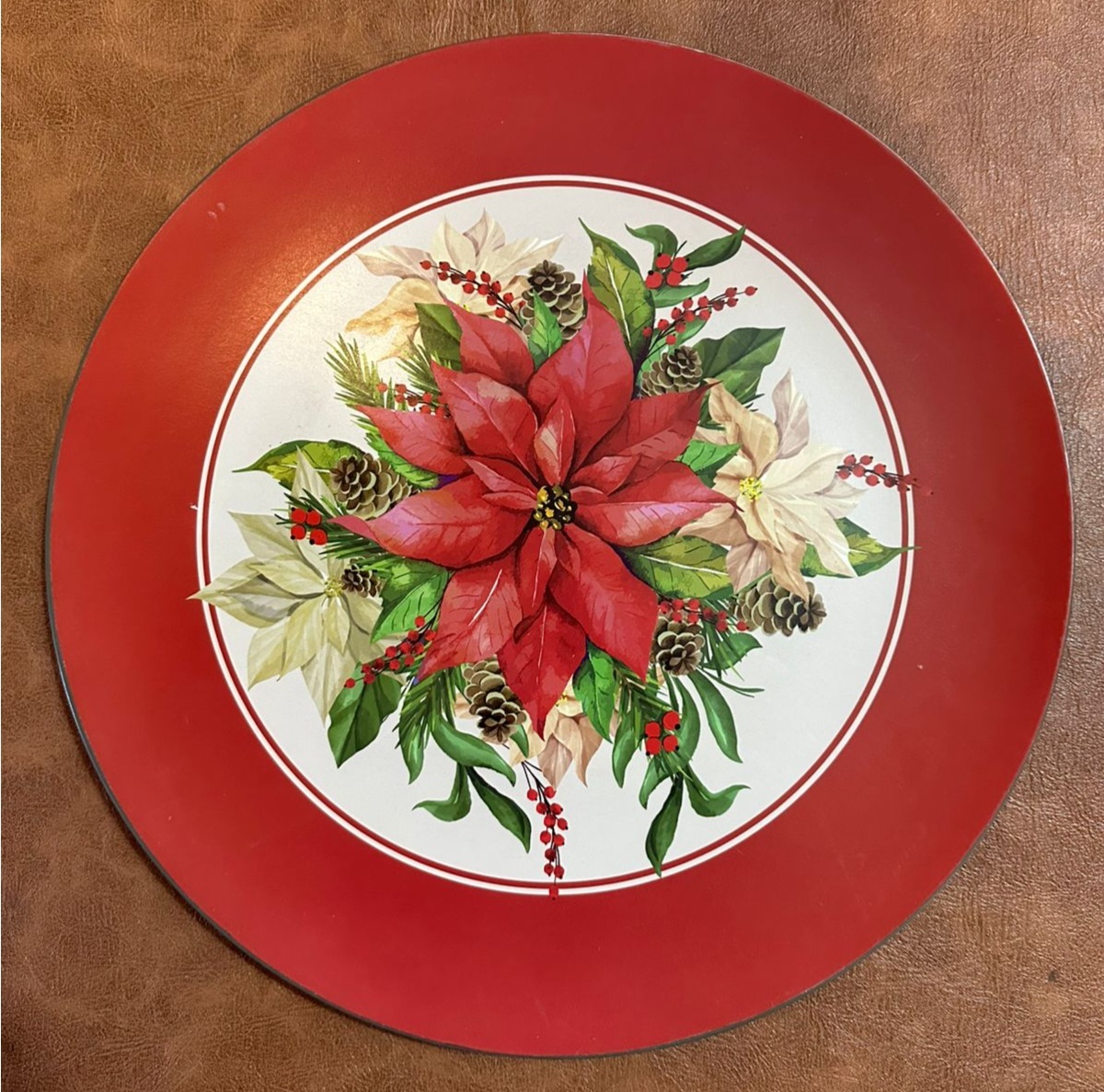 Sousplat Natal Poinsetia Vermelha E Cha Redondo 33Cm - FOCUSEVENTOSJATAI