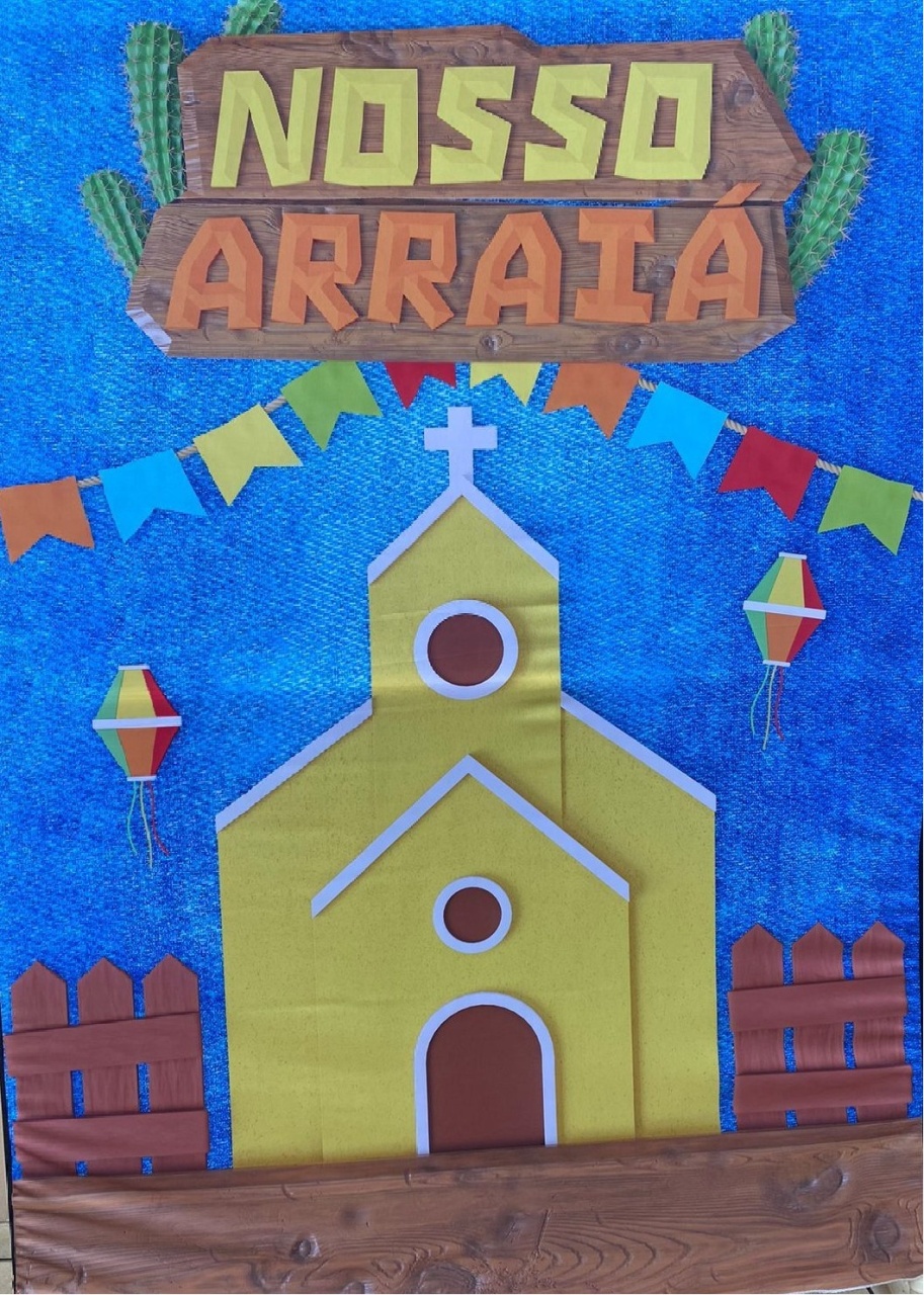 Festa Junino São Joao E  Igrejinha Amarela Painel Retangular 220X150Cm - FOCUSEVENTOSJATAI