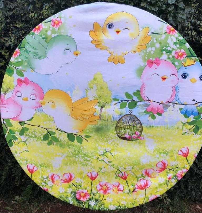 Jardim Passarinhos Rosa Azul Verde E Amarelo Painel Redondo 150Cm - FOCUSEVENTOSJATAI