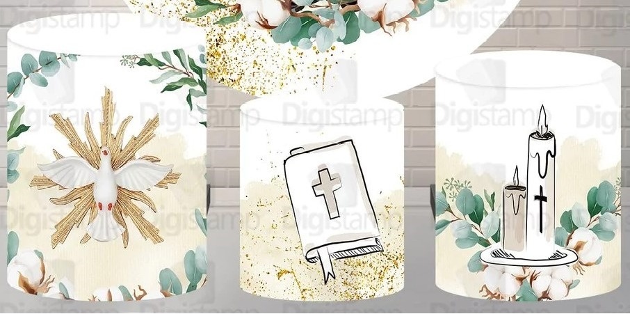 Religioso Primeira Comunhao Menino Floral Algodão Cilindro Redondo Pmg - FOCUSEVENTOSJATAI
