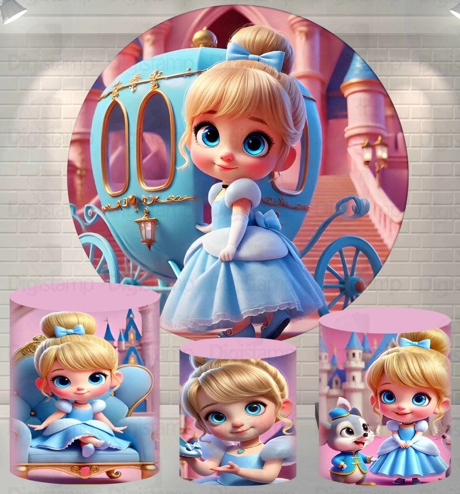 Cinderela 3D Carruagem Azul Painel Redondo 150Cm - FOCUSEVENTOSJATAI