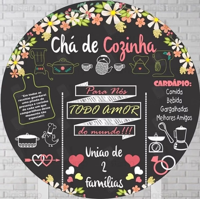 Chá de Cozinha Todo Amor Do Mundo Floral Rosa E Preto Painel Redondo 150Cm - FOCUSEVENTOSJATAI