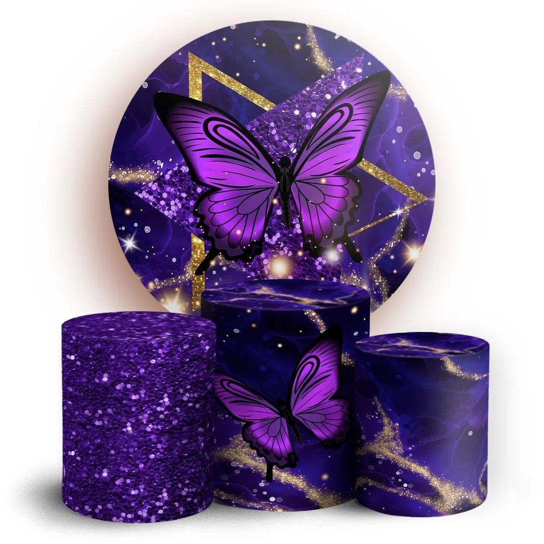 Borboleta Julia Glitter Roxo E Dourado Painel Redondo 150Cm - FOCUSEVENTOSJATAI