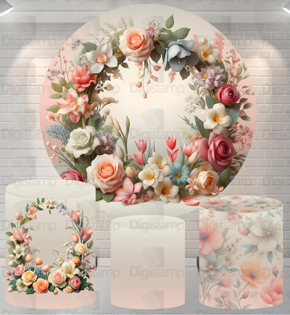 Floral 3D Guirlanda de Flores Rosa E Cha Painel Redondo 150Cm - FOCUSEVENTOSJATAI