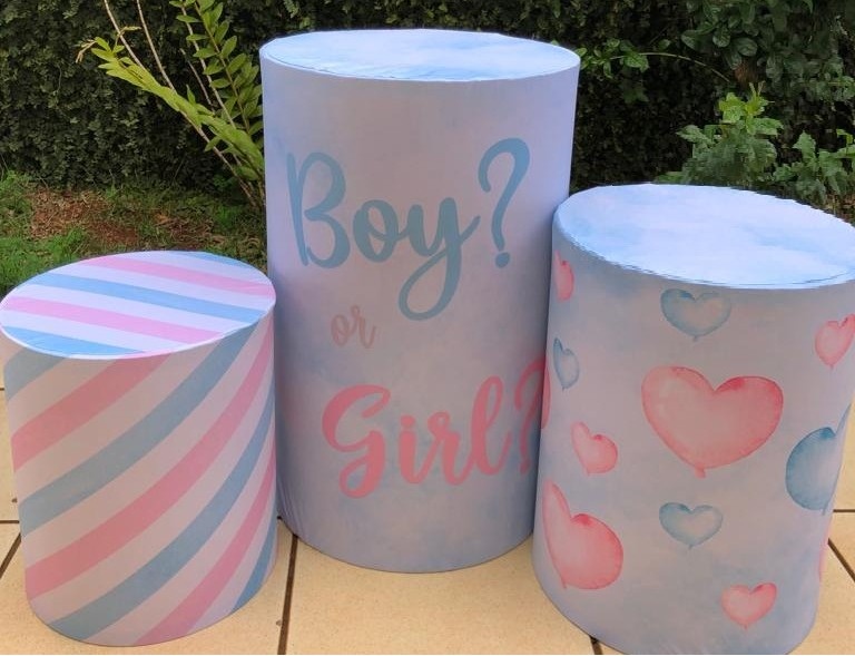Chá Revelação Boy Or Girl Azul E Rosa Listrado E Coração Cilindro Redondo Pmg - FOCUSEVENTOSJATAI