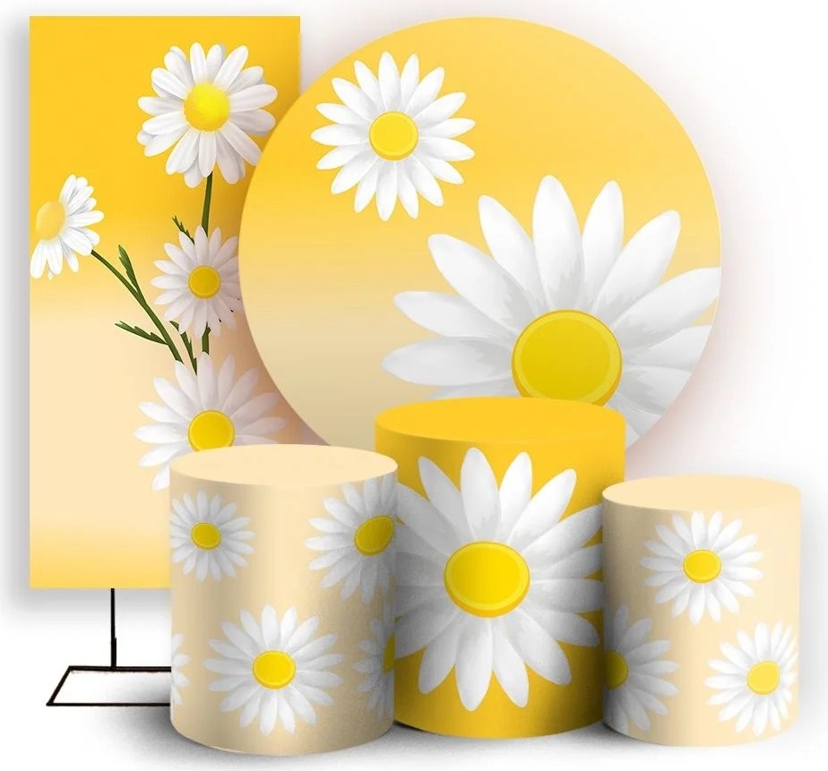 Margaridas 3D Branco E Amarelo Painel Redondo 150Cm - FOCUSEVENTOSJATAI