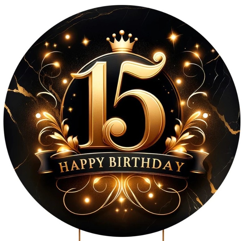 15 Anos Happy Birthaday Preto E Dourado - Painel Redondo 150Cms - FOCUSEVENTOSJATAI