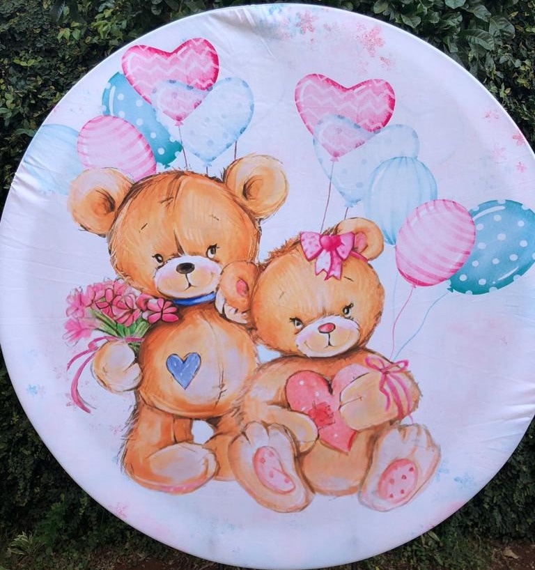 Chá Revelação Ursinho Balão Azul Poá E Rosa Listrado Painel Redondo 150Cm - FOCUSEVENTOSJATAI